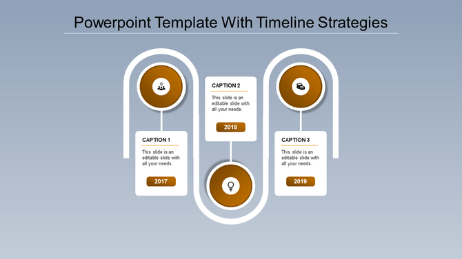 Minimalist timeline infographic template with blue circular icons for 2017, 2018, and 2019 connected by curved lines.