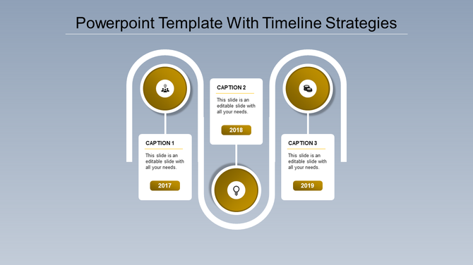 Three-step timeline with curved connectors, featuring years 2017, 2018, and 2019, each with icon and caption areas.