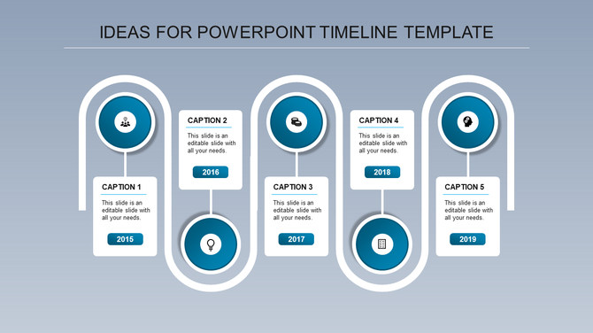 Five step timeline with circular icons in red, gold, green, blue, and maroon linked to captions and years.