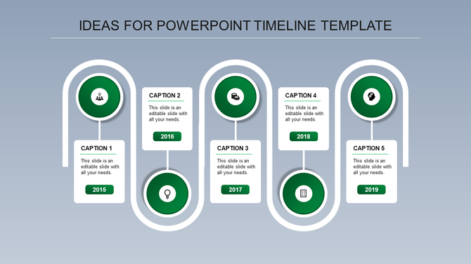 A timeline PPT design slide with five milestones from 2015 to 2019, represented by green circular icons and captions.