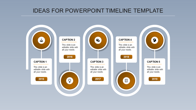 Curved timeline layout with five orange circular icons connected to white rectangular captions on a gradient blue background.
