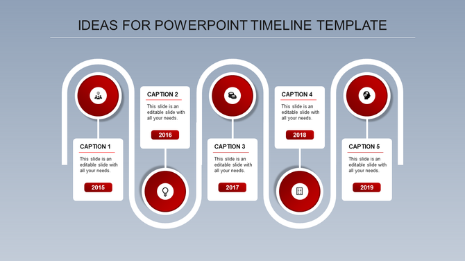 Business timeline with curved connectors, red circular markers, and caption boxes spanning 2015 to 2019.