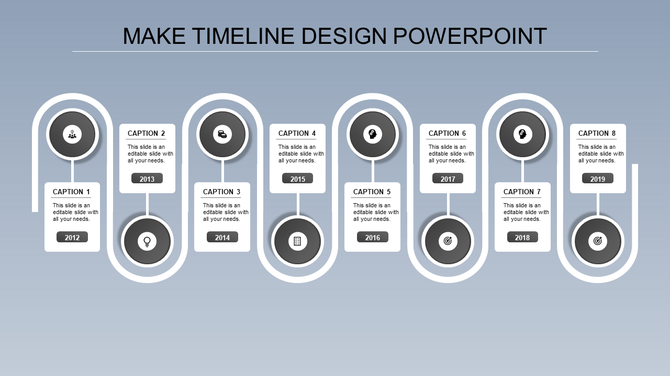 Blue circular timeline template infographic with eight milestones, icons, and corresponding captions from 2012 to 2019.