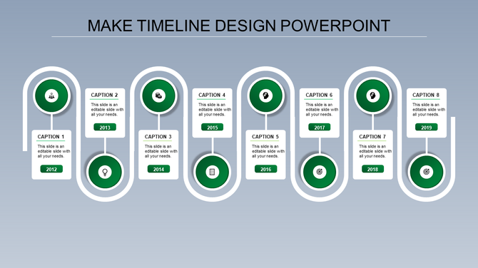 A sleek timeline PPT slide featuring eight stages from 2012 to 2019, each with a green circular icon and a caption.