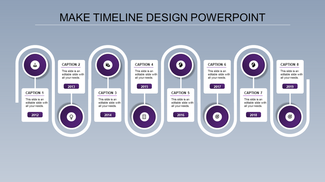 A sleek timeline PPT slide featuring eight stages from 2012 to 2019, each with a purple circular icon and a caption.
