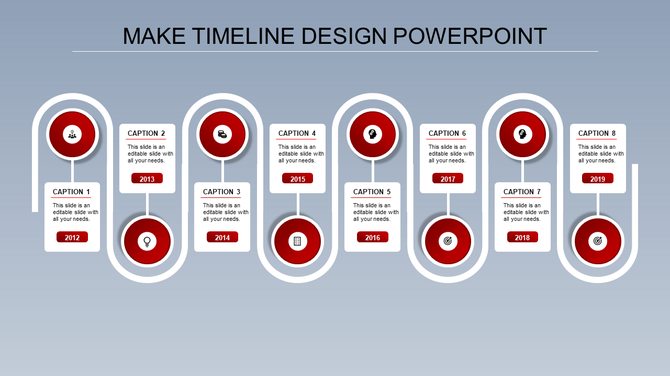 Horizontal timeline with eight red circular markers, each connected to a white text box, on a gray background.