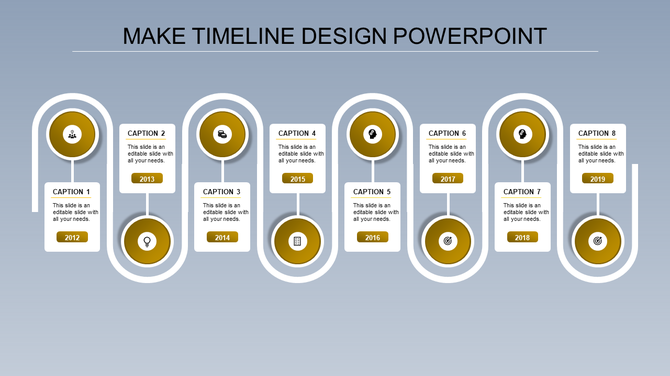 Timeline infographic with eight yellow milestone icons, white caption boxes, and key dates from 2012 to 2019.