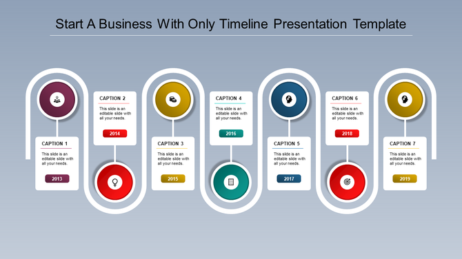 A colorful timeline PPT slide with seven milestones from 2013 to 2019, each marked by a circular icon and caption.