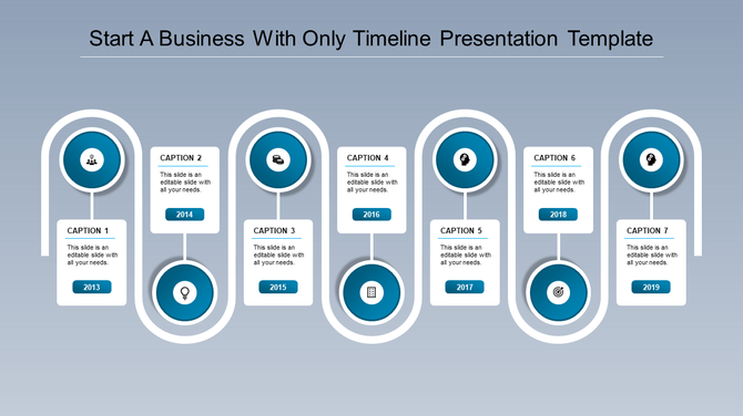 A professional timeline PPT slide featuring seven stages from 2013 to 2019, each marked by a blue circular icon with captions.