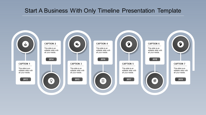 Vertical timeline with curved white paths, gray circular highlights, and event descriptions from 2013 to 2019.