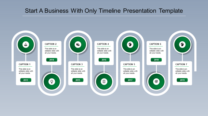 Business timeline with curved design, green milestone icons, and structured captions from 2013 to 2019.