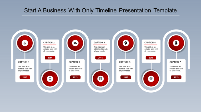 Gray circular timeline slide infographic with eight milestones, icons, and corresponding captions from 2012 to 2019.