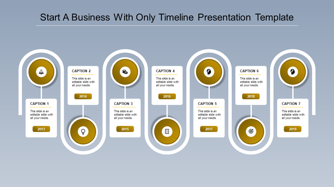 Red circular timeline slide infographic with seven milestones, icons, and corresponding captions from 2013 to 2019.