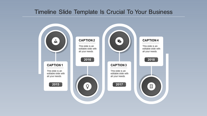Infographic timeline template with green circular icons for 2015, 2016, 2017, and 2018 connected by curved lines.