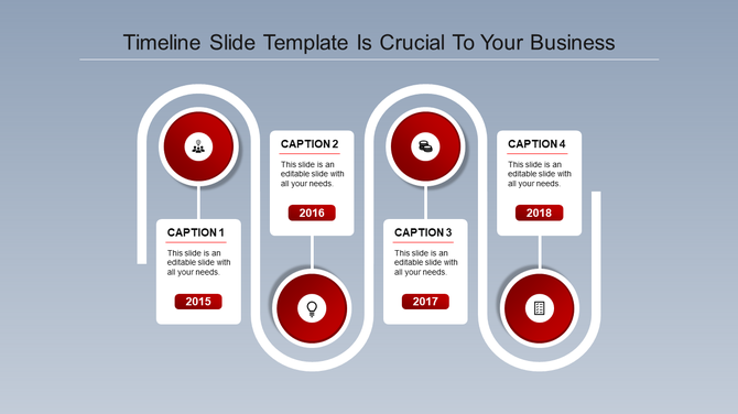 A timeline PowerPoint template with four stages for the years 2015 to 2018, with caption fields and red icons.