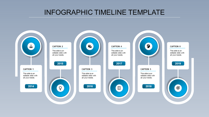 A modern infographic timeline PPT template with six stages from 2014 to 2019, featuring blue circular icons and captions.
