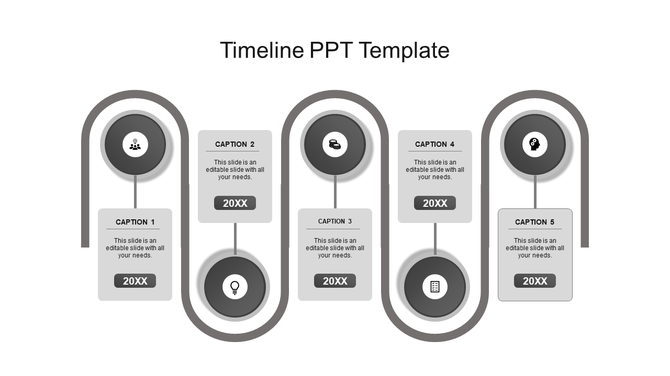 A monochrome timeline PPT template featuring five stages, each represented by gray circular icons with captions.