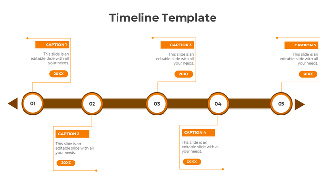 A five stage timeline PowerPoint template with orange colored circles, each containing a caption on a white backdrop.
