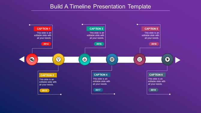 Golden yellow timeline with triangular markers connected by circles, displaying icons and placeholder descriptions.