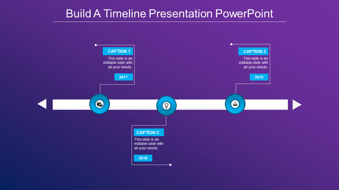 A timeline PPT slide with three key points for 2017, 2018, and 2019, featuring blue icons and captions on a purple backdrop.