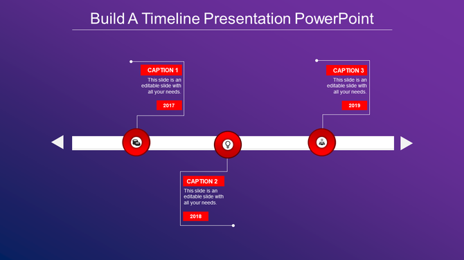 Purple-themed timeline with three red milestones labeled 2017, 2018, and 2019, connected by a horizontal white bar.