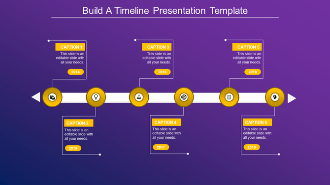 Business timeline with six yellow highlights, milestone icons, and structured captions on a purple background.