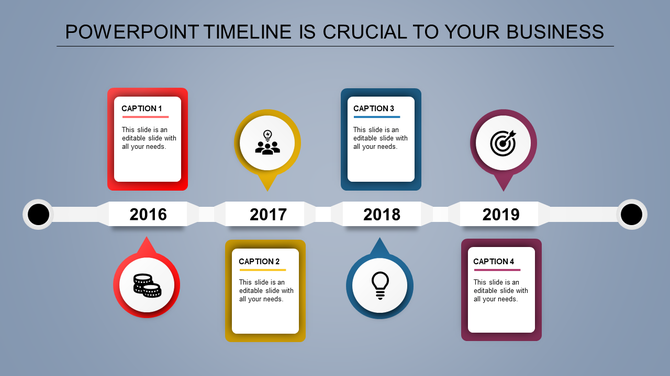 A timeline PPT template representing key milestones from 2016 to 2019 with color coded icons and caption boxes.