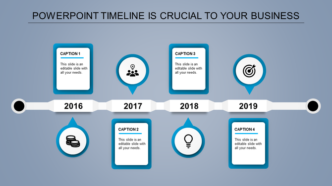 A timeline PPT template representing key milestones from 2016 to 2019 with blue color icons and caption boxes.