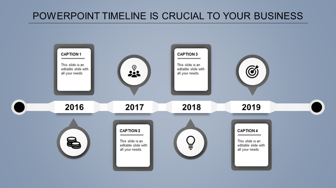 A timeline PPT template representing key milestones from 2016 to 2019 with gray color icons and caption boxes.