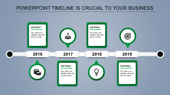 Business strategy timeline with four labeled years, in green circular icons, and floating caption boxes.