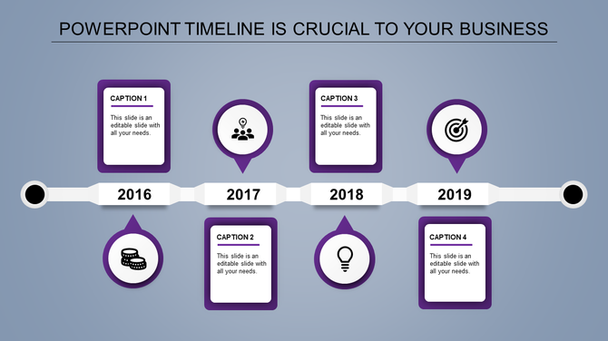 Timeline from 2016 to 2019 with purple segments, featuring icons for milestones, and text boxes, on a blue background.