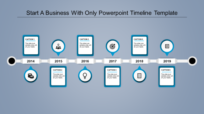 Timeline design with a blue theme, featuring six labeled milestones and caption boxes aligned along a central path.