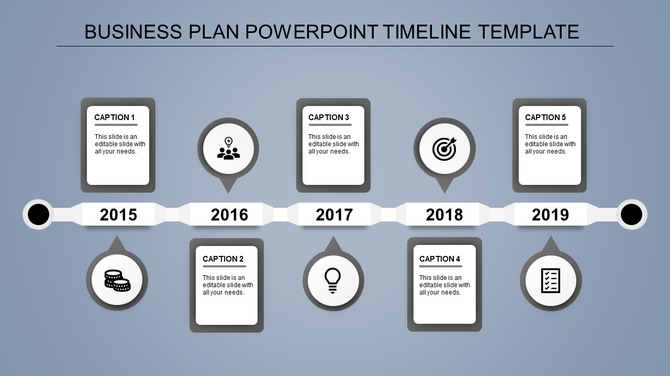 Horizontal timeline with blue circles and icons connected to captions for years 2015 to 2019 on a gray background.