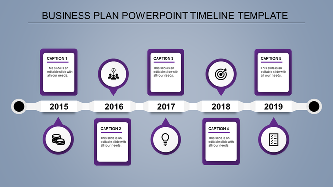 A business plan PowerPoint timeline template with milestones from 2015 to 2019, featuring purple icons and placeholder text.