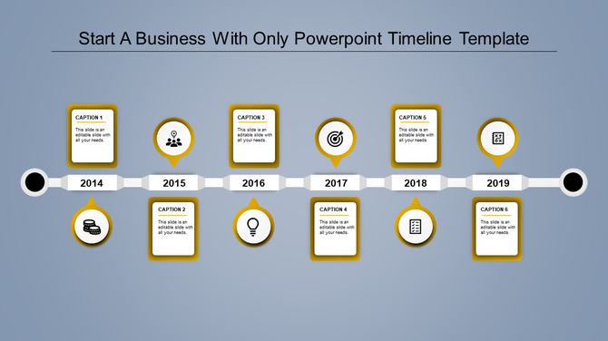 Timeline PPT template showcasing years 2014 to 2019 with yellow color captions boxes and icons for business milestones.