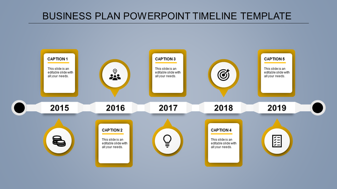 Business timeline from 2015 to 2019 with yellow highlights, milestone icons, and caption boxes on a blue background.