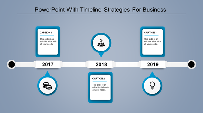 Horizontal timeline with milestones for 2017, 2018, and 2019, featuring blue icons and caption boxes, on a light backdrop.
