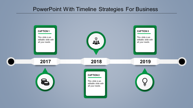 Horizontal timeline from 2016 to 2019 with orange icon circles and caption boxes connected to each year.