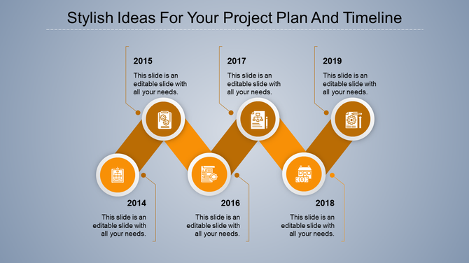Yellow themed timeline with circular icons and labels for years 2014 to 2019, arranged in a zigzag pattern.