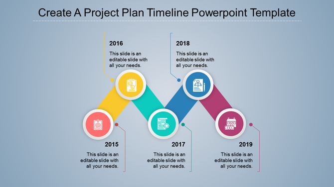 A project timeline slide showcasing the years 2015 to 2019, with each year represented by a different color and icons.