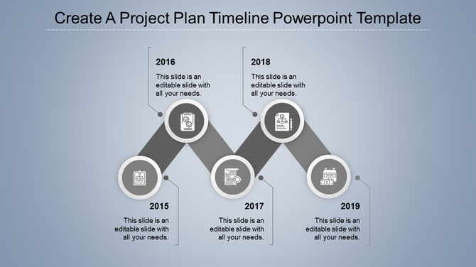 Gray themed project plan timeline with five connected circular icons, years, and text descriptions, in a zigzag layout.