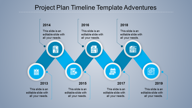 Year based timeline with blue circular icons for 2017 to 2020, representing business, settings, target, and growth.