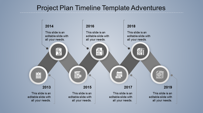 Blue zigzag timeline featuring circular nodes with icons from 2013 to 2019, representing project stages.