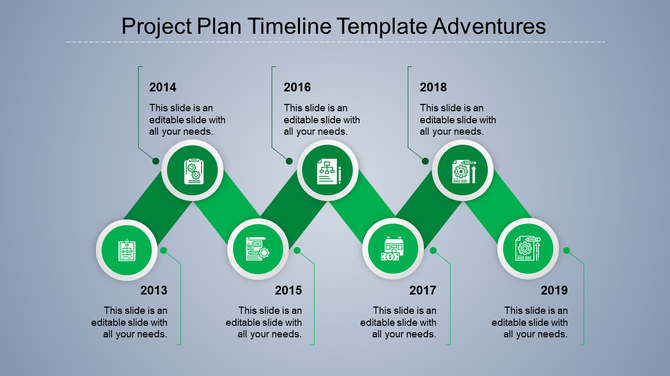 A colorful timeline slide for project plans, showing the years 2013 to 2019, each with green icons and labels for each stage.