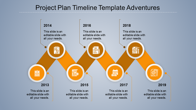 Project timeline slide with an orange zigzag path, featuring circular icons, and black text on a gradient blue background.