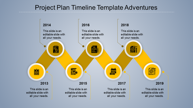 Timeline template with key milestones from 2013 to 2019, featuring seven yellow circular graphics and a structured layout.