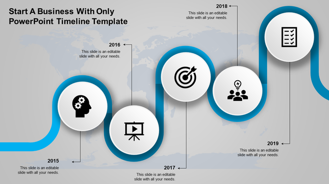 Wavy timeline with colorful milestone icons representing years 2015 to 2019, connected by vertical lines.