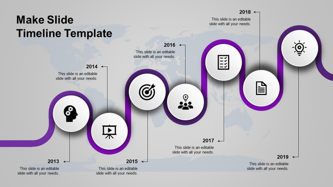 A modern timeline PPT slide from 2013 to 2019, featuring milestones with purple icons representing various business stages.