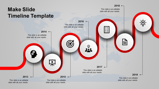 Modern timeline featuring a red curved path with seven white milestone circles, black icons, and yearly labels in sequence.