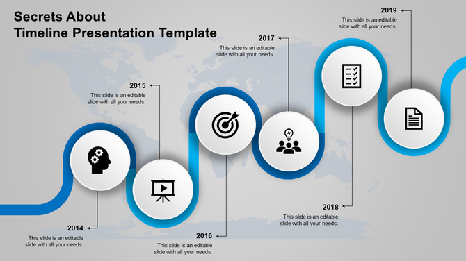 A blue color timeline PPT slide from 2014 to 2019, featuring milestones and icons representing stages with placeholder text.